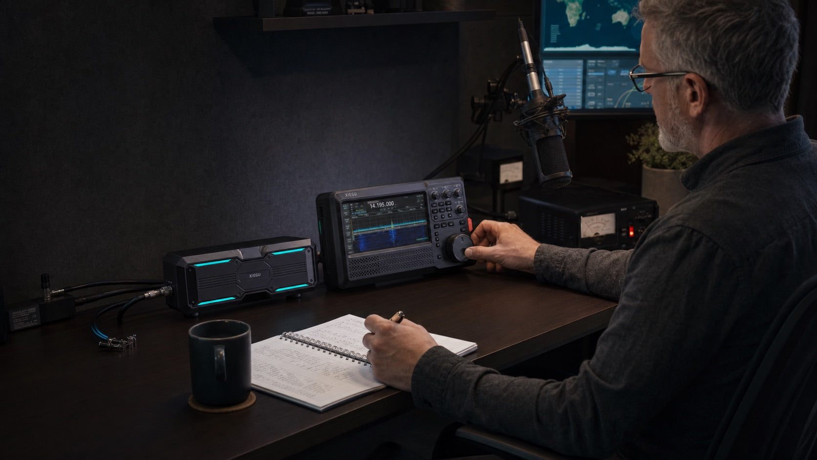 Amateur radio operator using a Xiegu G7250 at a home station