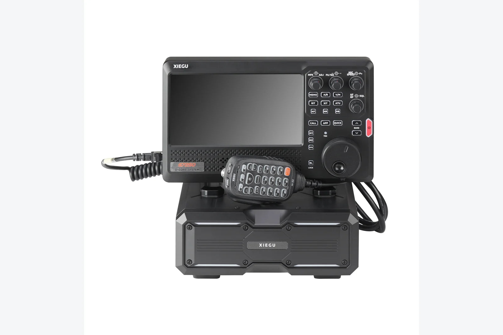 Xiegu G7250 control head, microphone and separate RF unit shown together