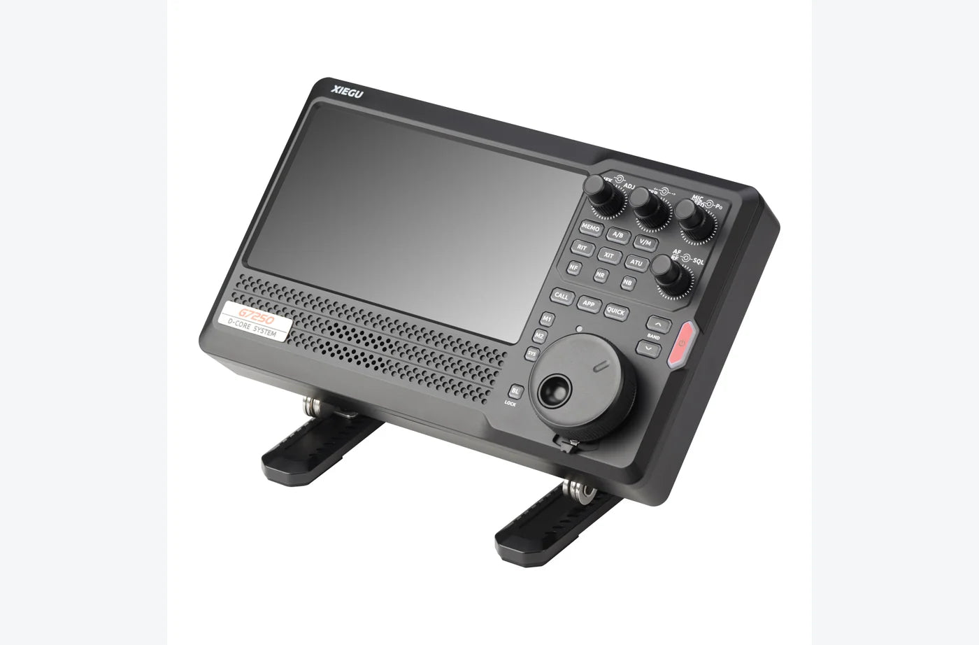 Angled view of the Xiegu G7250 touchscreen controller on its adjustable support feet